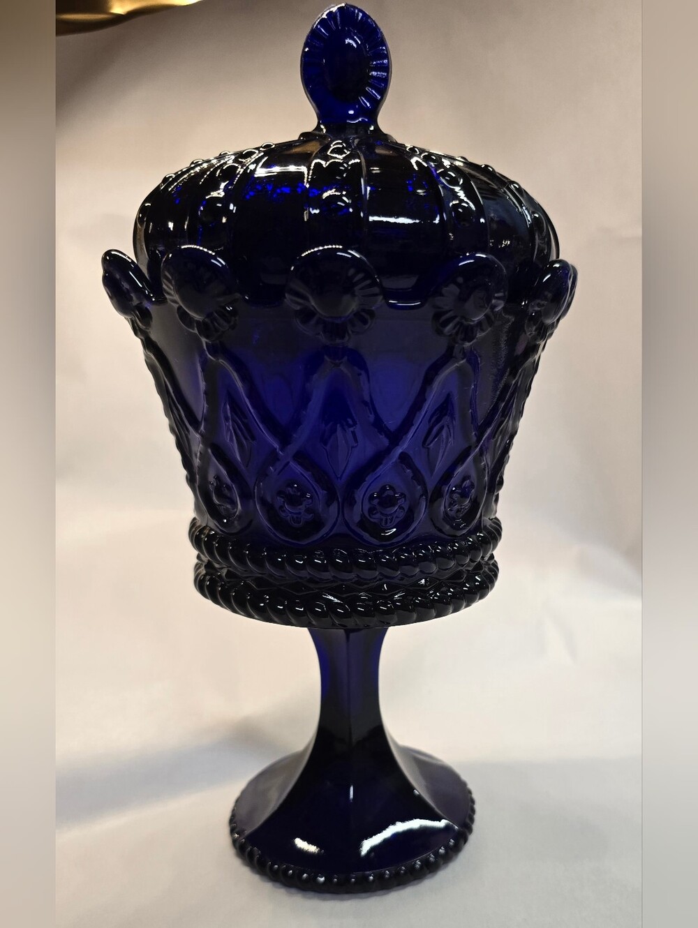 Fostoria Royal Hapsburg Crown Cobalt Blue Lidded Dish.